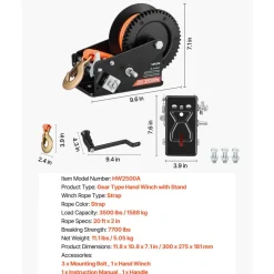 VEVOR Boat Winch, 3500 lbs Hand Winch, Heavy Duty Manual Rope Crank with 20ft Orange Polyester Strap, Portable Two-Way Ratchet, 2 Speed Switchable, Anti-Slip Handle Gear for Boat Trailer ATV Towing
