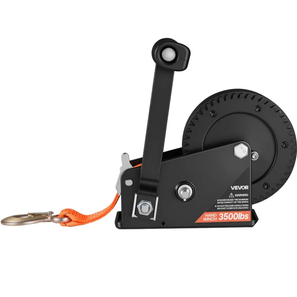 VEVOR Boat Winch, 3500 lbs Hand Winch, Heavy Duty Manual Rope Crank with 20ft Orange Polyester Strap, Portable Two-Way Ratchet, 2 Speed Switchable, Anti-Slip Handle Gear for Boat Trailer ATV Towing