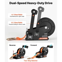VEVOR Boat Winch, 3500 lbs Hand Winch, Heavy Duty Manual Rope Crank with 20ft Orange Polyester Strap, Portable Two-Way Ratchet, 2 Speed Switchable, Anti-Slip Handle Gear for Boat Trailer ATV Towing