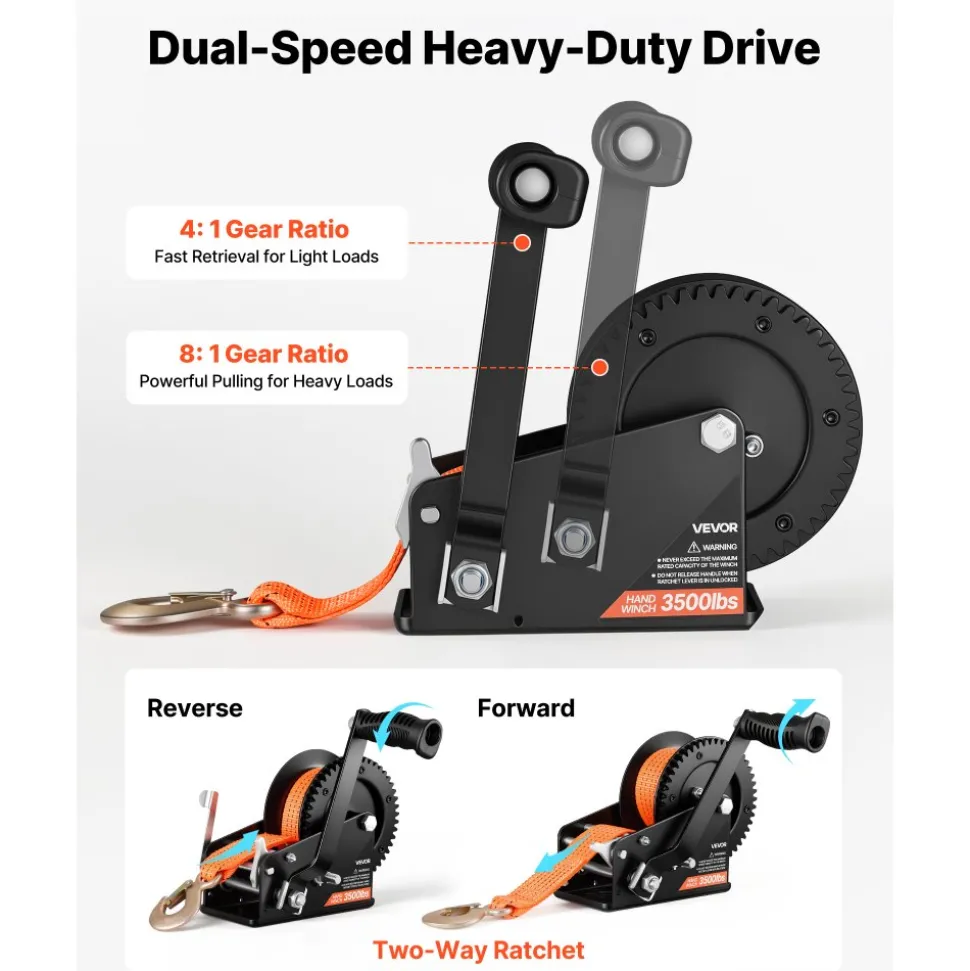 VEVOR Boat Winch, 3500 lbs Hand Winch, Heavy Duty Manual Rope Crank with 20ft Orange Polyester Strap, Portable Two-Way Ratchet, 2 Speed Switchable, Anti-Slip Handle Gear for Boat Trailer ATV Towing