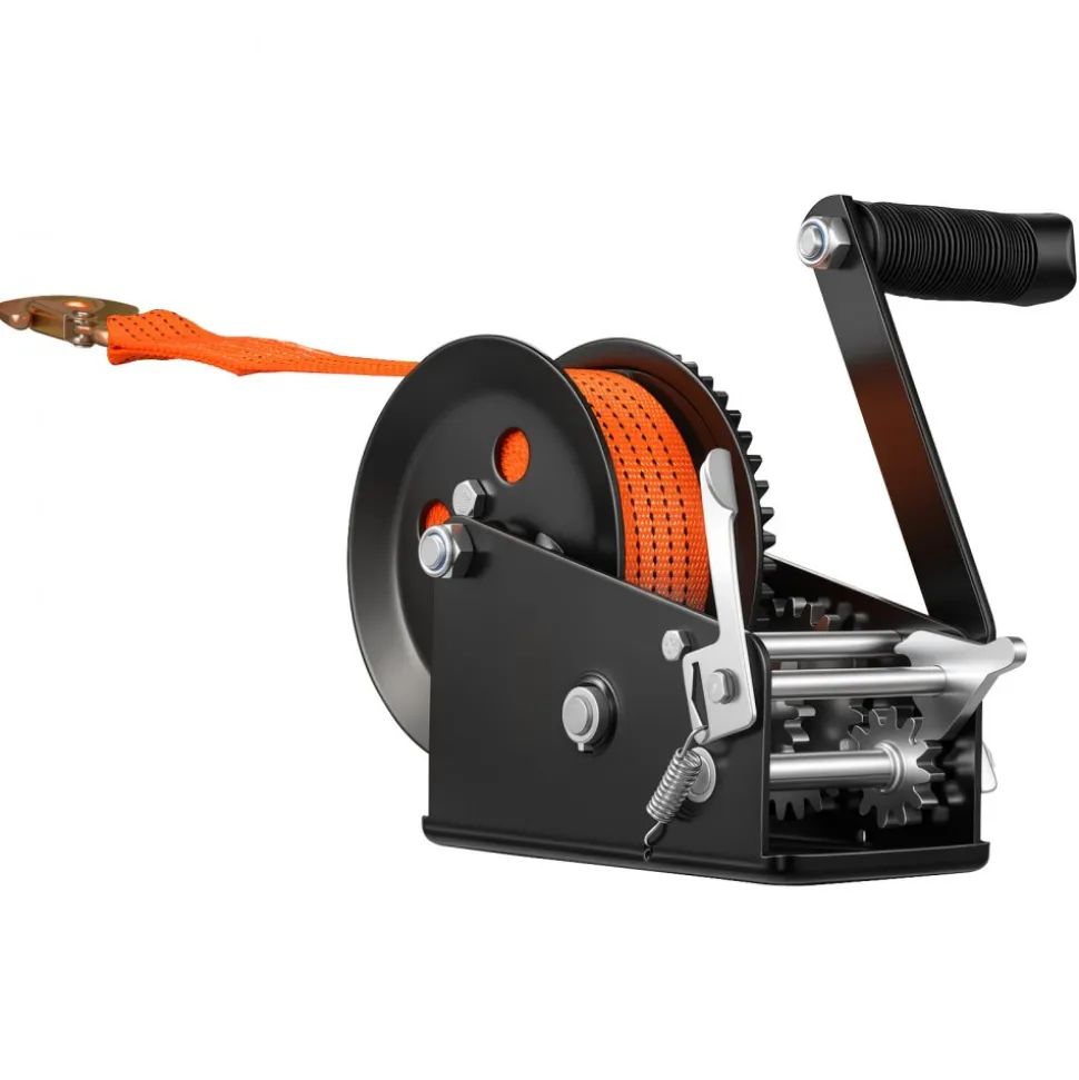 VEVOR Boat Winch, 3500 lbs Hand Winch, Heavy Duty Manual Rope Crank with 20ft Orange Polyester Strap, Portable Two-Way Ratchet, 2 Speed Switchable, Anti-Slip Handle Gear for Boat Trailer ATV Towing