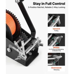 VEVOR Boat Winch, 3500 lbs Hand Winch, Heavy Duty Manual Rope Crank with 20ft Orange Polyester Strap, Portable Two-Way Ratchet, 2 Speed Switchable, Anti-Slip Handle Gear for Boat Trailer ATV Towing