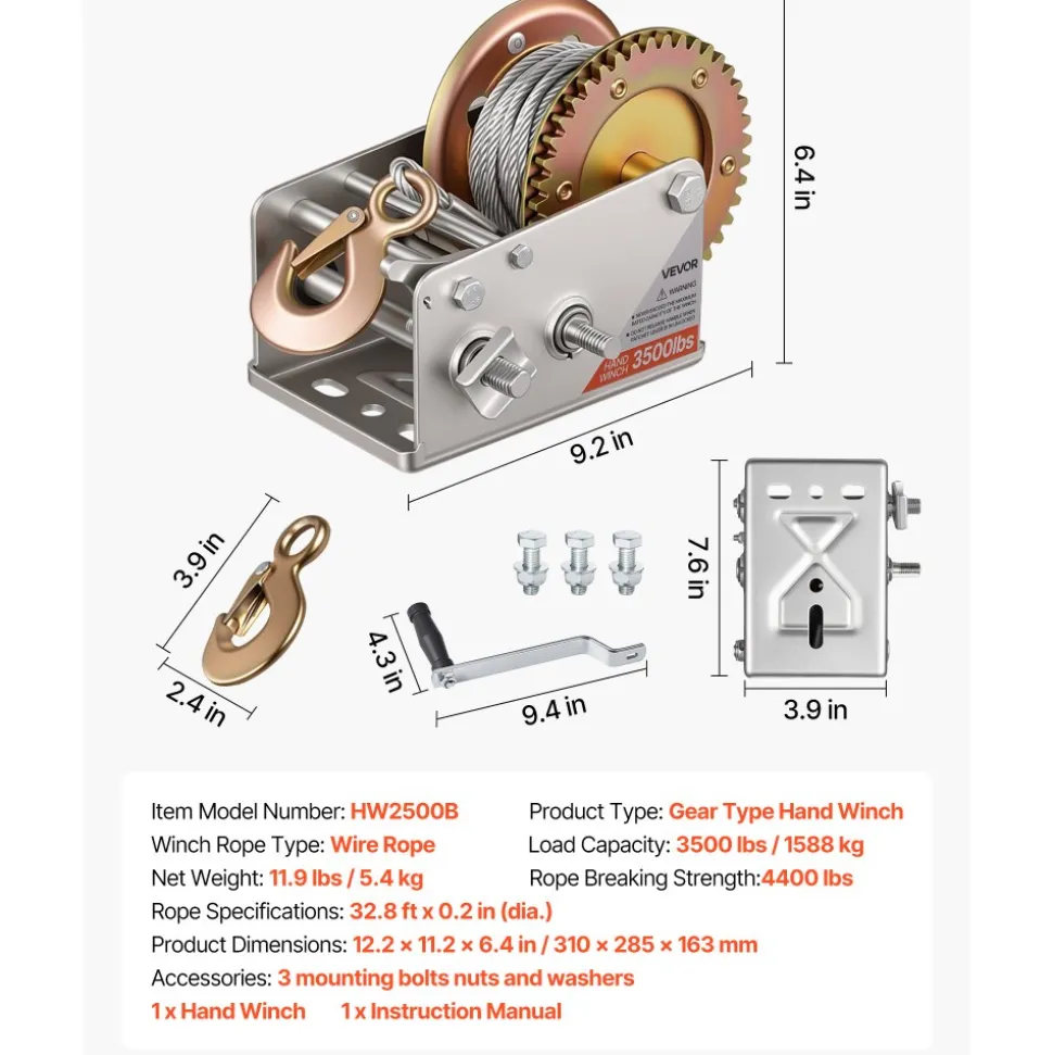 VEVOR Boat Winch, 3500 lbs Hand Winch, Heavy Duty Manual Rope Crank with 20ft Orange Polyester Strap, Portable Two-Way Ratchet, 2 Speed Switchable, Anti-Slip Handle Gear for Boat Trailer ATV Towing