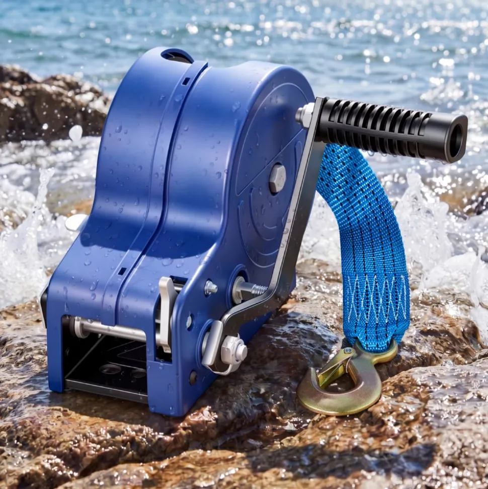 VEVOR Boat Winch, 3500 lbs Hand Winch, Heavy Duty Manual Rope Crank with 20ft Gray-Black Polyester Strap, Portable Two-Way Ratchet, Anti-Slip Handle Gear for Boat Trailer ATV Towing