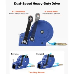 VEVOR Boat Winch, 3500 lbs Hand Winch, Heavy Duty Manual Rope Crank with 20ft Gray-Black Polyester Strap, Portable Two-Way Ratchet, Anti-Slip Handle Gear for Boat Trailer ATV Towing