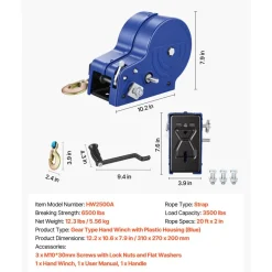 VEVOR Boat Winch, 3500 lbs Hand Winch, Heavy Duty Manual Rope Crank with 20ft Gray-Black Polyester Strap, Portable Two-Way Ratchet, Anti-Slip Handle Gear for Boat Trailer ATV Towing
