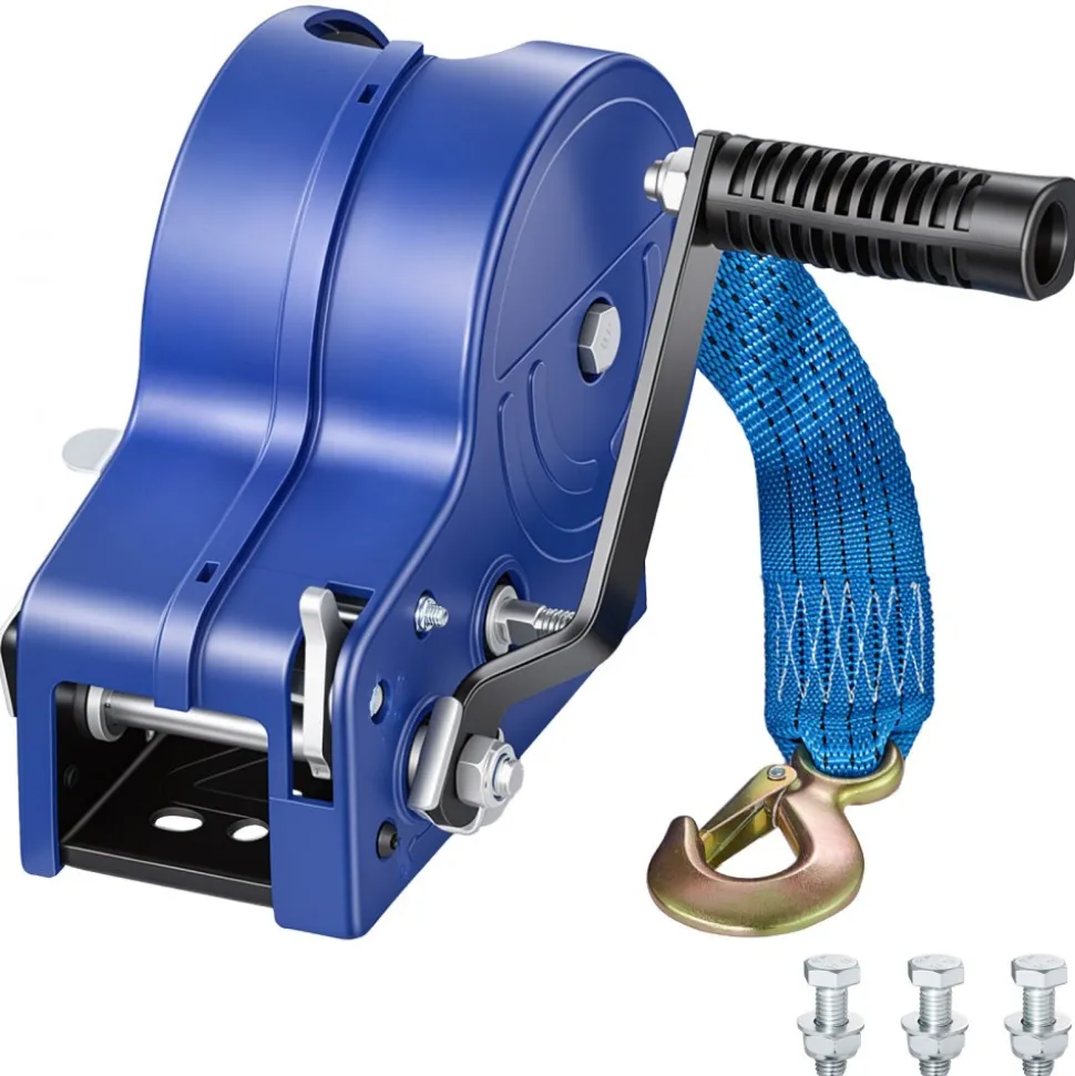 VEVOR Boat Winch, 3500 lbs Hand Winch, Heavy Duty Manual Rope Crank with 20ft Gray-Black Polyester Strap, Portable Two-Way Ratchet, Anti-Slip Handle Gear for Boat Trailer ATV Towing