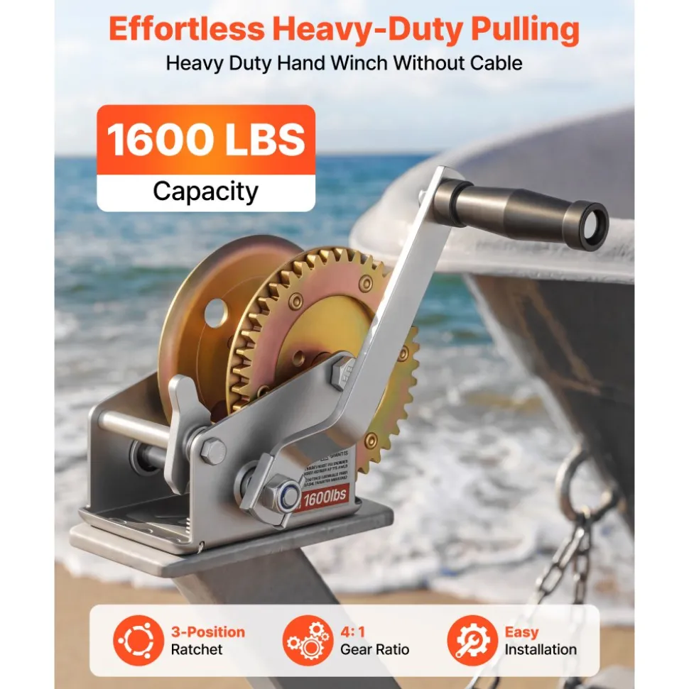 VEVOR Boat Winch, 1600 lbs Hand Winch, Heavy Duty Manual Rope Crank, Portable Two-Way Ratchet, 4: 1 Gear Ratio, Easy Installation Gear for Boat Trailer ATV Towing