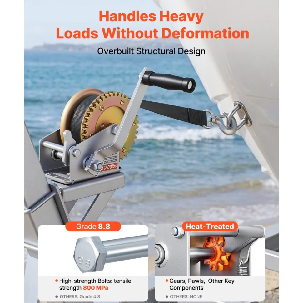 VEVOR Boat Winch, 1600 lbs Hand Winch, Heavy Duty Manual Rope Crank, Portable Two-Way Ratchet, 4: 1 Gear Ratio, Easy Installation Gear for Boat Trailer ATV Towing