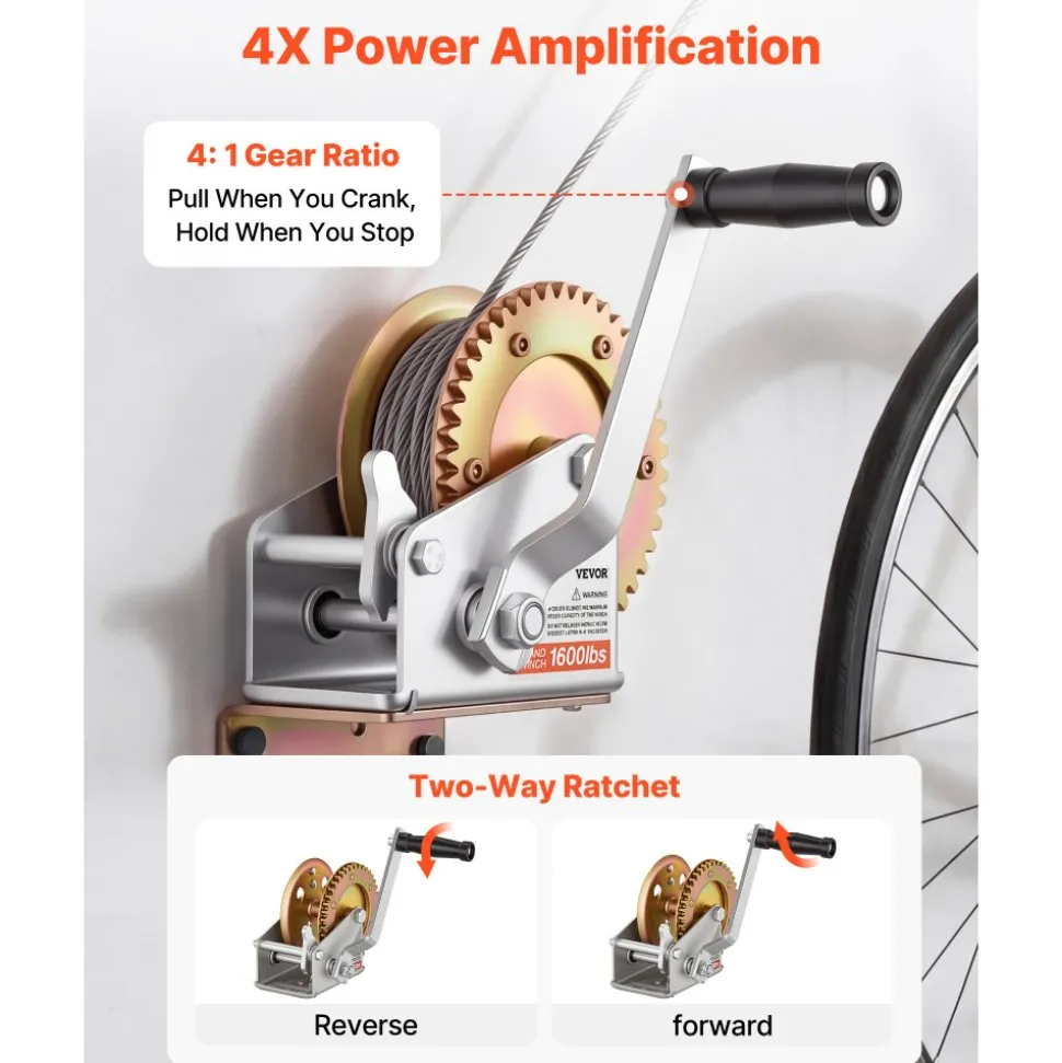 VEVOR Boat Winch, 1600 lbs Hand Winch, Heavy Duty Manual Rope Crank, Portable Two-Way Ratchet, 4: 1 Gear Ratio, Easy Installation Gear for Boat Trailer ATV Towing