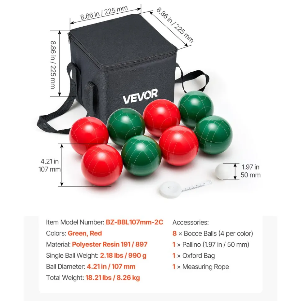 VEVOR Bocce Ball Set, 107 mm, with 8 Resin Balls, Pallino, Carrying Bag and Measuring Rope, Red and Green 2 Colors, for 2 to 8 Players, Bocce Ball Game Set for Beach, Lawn, Family Backyard, Outdoor