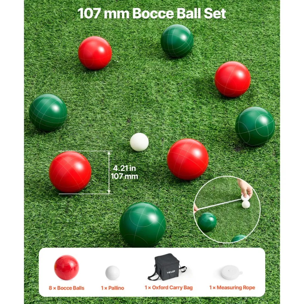 VEVOR Bocce Ball Set, 107 mm, with 8 Resin Balls, Pallino, Carrying Bag and Measuring Rope, Red and Green 2 Colors, for 2 to 8 Players, Bocce Ball Game Set for Beach, Lawn, Family Backyard, Outdoor