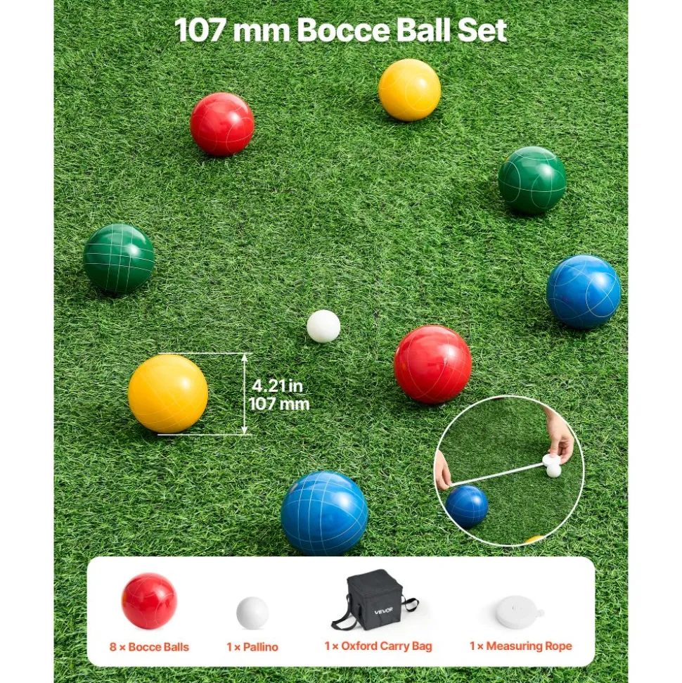 VEVOR Bocce Ball Set, 107 mm, with 8 Resin Balls, Pallino, Carrying Bag and Measuring Rope, Red/Green/Blue/Yellow 4 Colors, for 2 to 8 Players, Bocce Ball Game Set for Beach, Lawn, Family Backyard