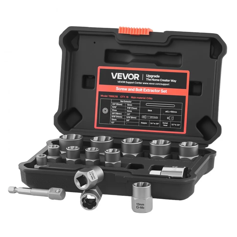 VEVOR Bolt Extractor Kit, 16 Pieces Impact Bolt & Nut Remover Set with Adapters and Pin Punch, Solid Storage Case, Cr-Mo Steel for Removing Damaged, Rusted, Stripped, Rounded Bolts, Nuts and Screws