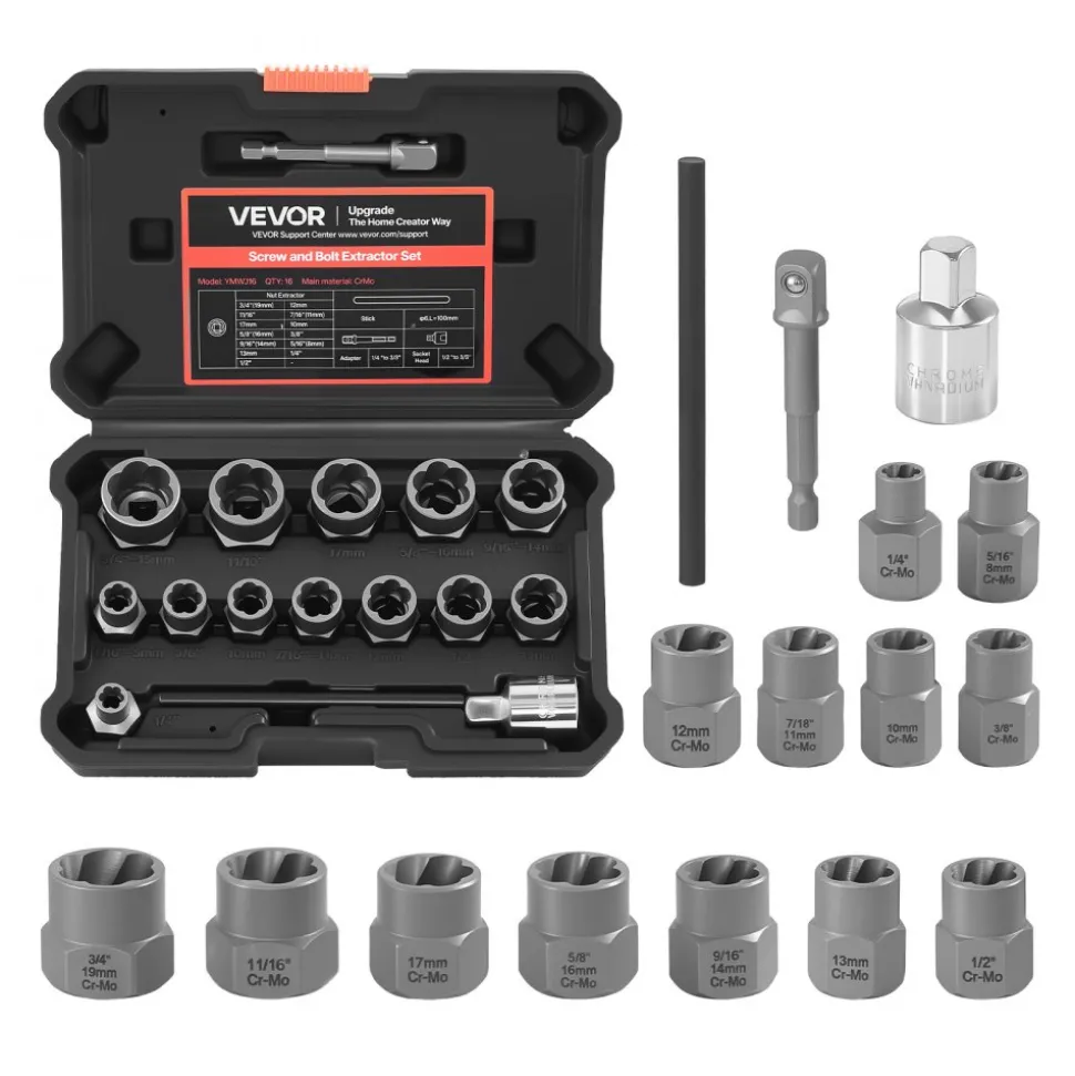 VEVOR Bolt Extractor Kit, 16 Pieces Impact Bolt & Nut Remover Set with Adapters and Pin Punch, Solid Storage Case, Cr-Mo Steel for Removing Damaged, Rusted, Stripped, Rounded Bolts, Nuts and Screws