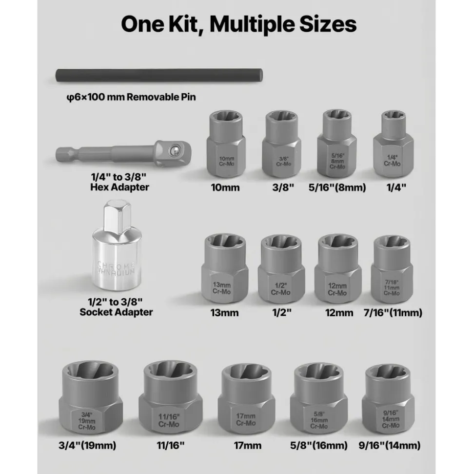 VEVOR Bolt Extractor Kit, 16 Pieces Impact Bolt & Nut Remover Set with Adapters and Pin Punch, Solid Storage Case, Cr-Mo Steel for Removing Damaged, Rusted, Stripped, Rounded Bolts, Nuts and Screws