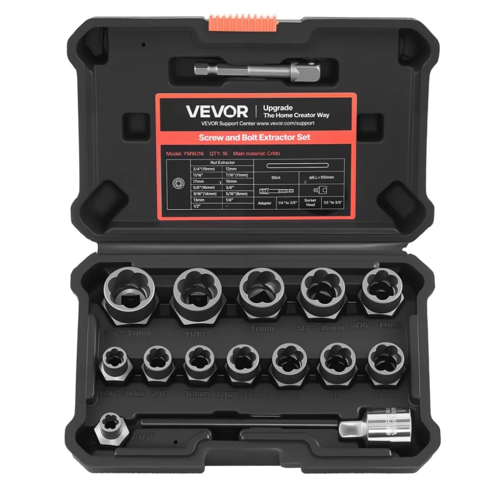 VEVOR Bolt Extractor Kit, 16 Pieces Impact Bolt & Nut Remover Set with Adapters and Pin Punch, Solid Storage Case, Cr-Mo Steel for Removing Damaged, Rusted, Stripped, Rounded Bolts, Nuts and Screws