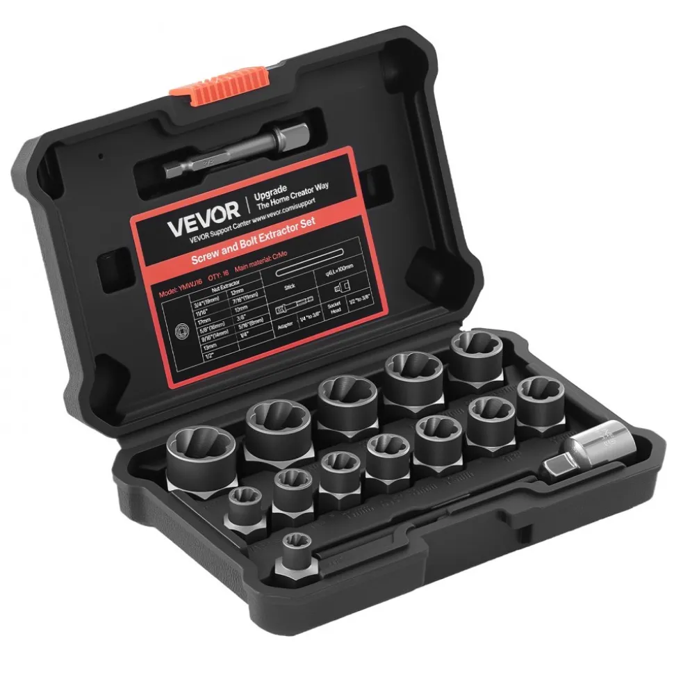 VEVOR Bolt Extractor Kit, 16 Pieces Impact Bolt & Nut Remover Set with Adapters and Pin Punch, Solid Storage Case, Cr-Mo Steel for Removing Damaged, Rusted, Stripped, Rounded Bolts, Nuts and Screws