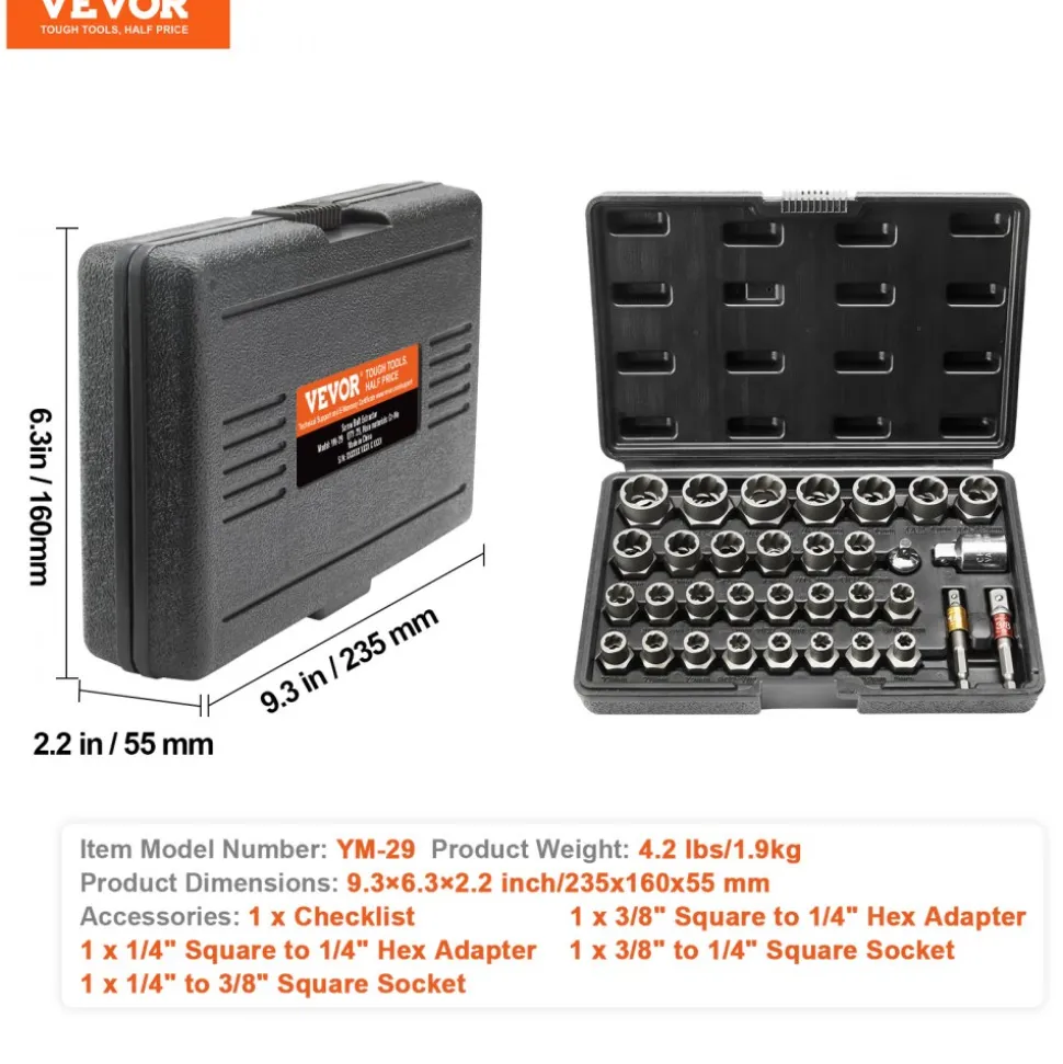 VEVOR Bolt Extractor Set, 29-Piece Bolt and Nut Remover Set, 6mm to 10mm, 13/32" to 3/4", CR-MO Steel Extraction Socket Set with Storage Case, for Removing Damaged Rusted Bolts, Nuts and Screws