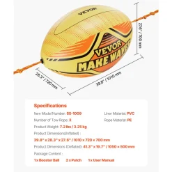 VEVOR Booster Ball, Towable Tube Rope Performance Ball, Thickened PVC Inflatable Booster Balls for Boating and Water Sports - with High Tensile Strength Rope and Speed Safety Valve