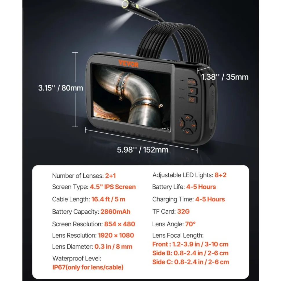 VEVOR Borescope Camera, Triple Lens Endoscope Camera with Light, 4.5" Screen 1080P Inspection Camera with 10 LED Light, IP67 Waterproof Drain Snake Camera for Auto, Plumbing (16.5FT Cable, 32GB Card)