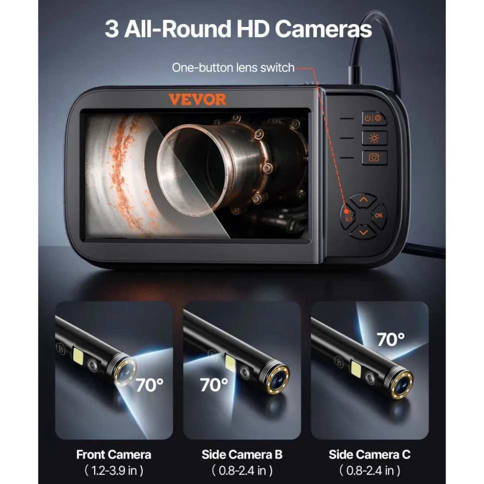 VEVOR Borescope Camera, Triple Lens Endoscope Camera with Light, 4.5" Screen 1080P Inspection Camera with 10 LED Light, IP67 Waterproof Drain Snake Camera for Auto, Plumbing (16.5FT Cable, 32GB Card)