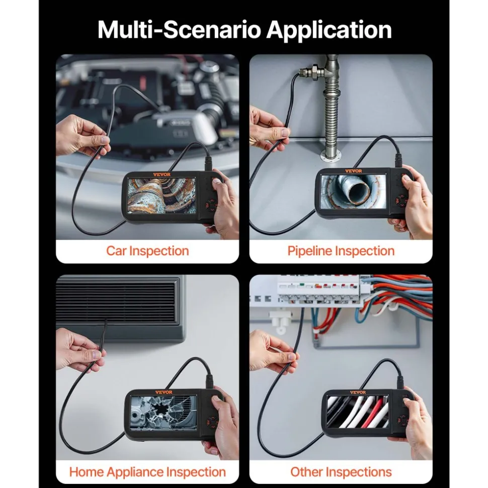 VEVOR Borescope Camera, Triple Lens Endoscope Camera with Light, 4.5" Screen 1080P Inspection Camera with 10 LED Light, IP67 Waterproof Drain Snake Camera for Auto, Plumbing (16.5FT Cable, 32GB Card)