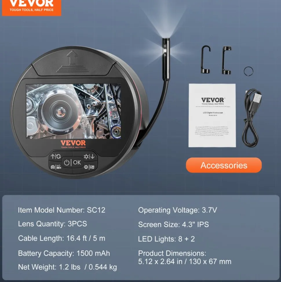 VEVOR Borescope Triple Lens Endoscope Camera with Light, 4.3" IPS Screen Inspection Camera with 8 + 2 Lights, IP67 Waterproof Snake Scope Camera for Automotive, Plumbing (16.4FT Cable, 32GB Card)