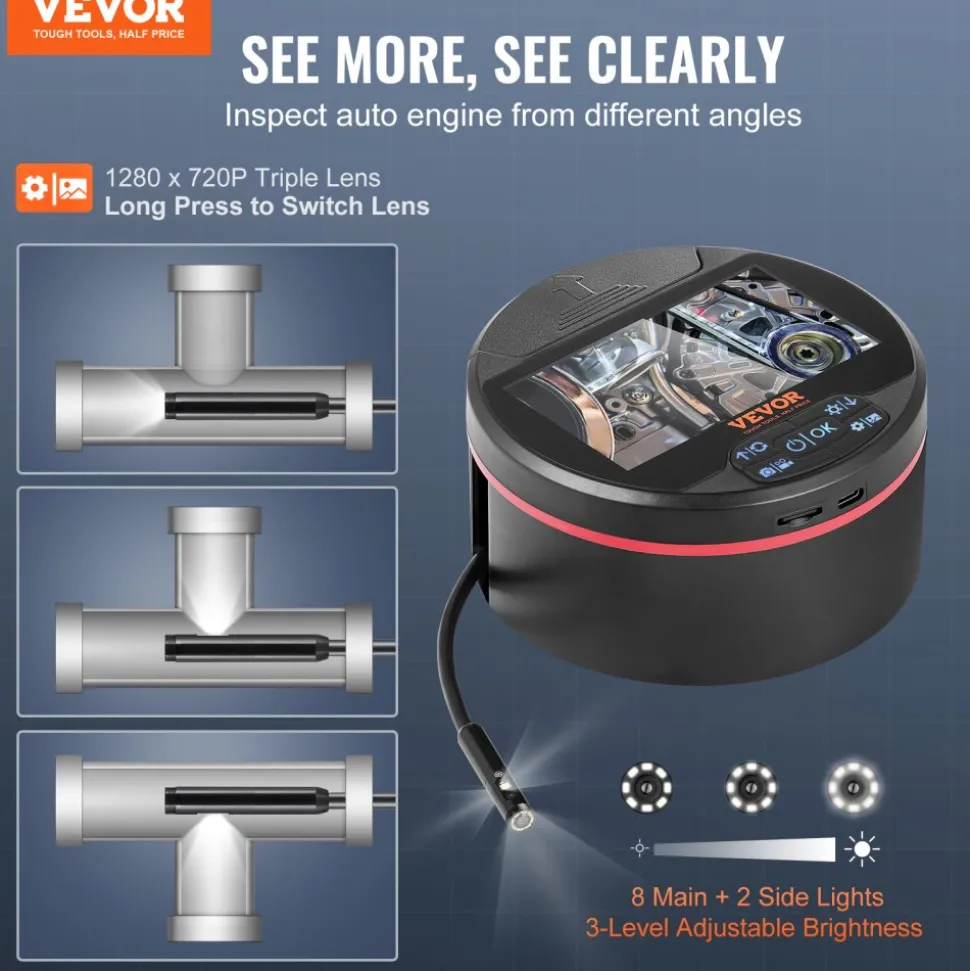 VEVOR Borescope Triple Lens Endoscope Camera with Light, 4.3" IPS Screen Inspection Camera with 8 + 2 Lights, IP67 Waterproof Snake Scope Camera for Automotive, Plumbing (16.4FT Cable, 32GB Card)
