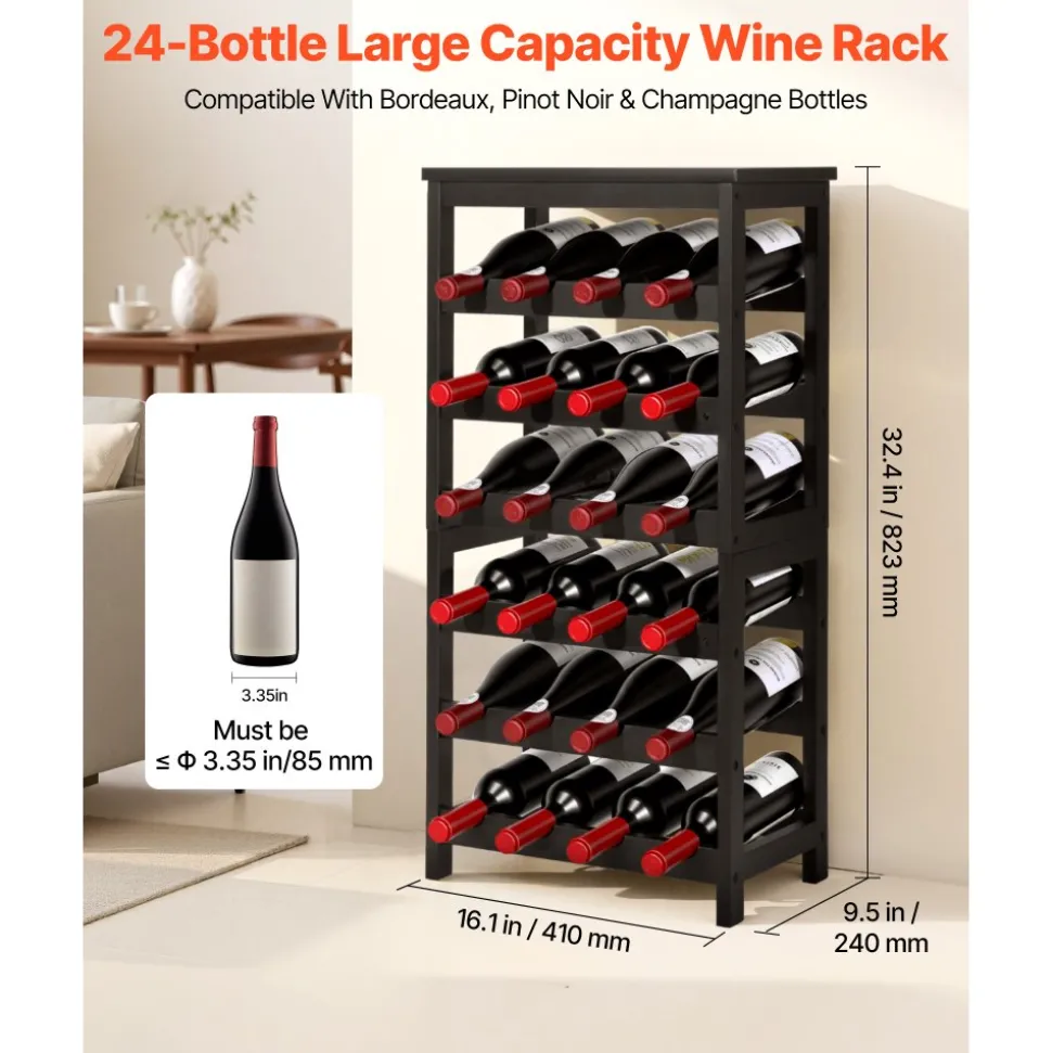 VEVOR 24 Bottle Detachable Wine Rack, 6-Tier Wine Bottle Holder, Freestanding Floor Display Wine Storage Shelves with Table Top, For Kitchen,Cellar,Bar,Dining Room,Living Room, Black