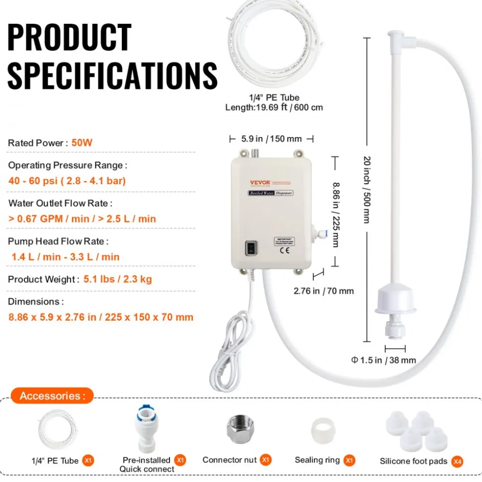 VEVOR Bottled Water Dispenser Pump System, 5 Gallon Dispensing System, Automatic Electric Water Dispenser, Single Inlet Water Jug Pump, Compatible Use with Coffee/Tea Machine, Refrigerator, Ice Maker