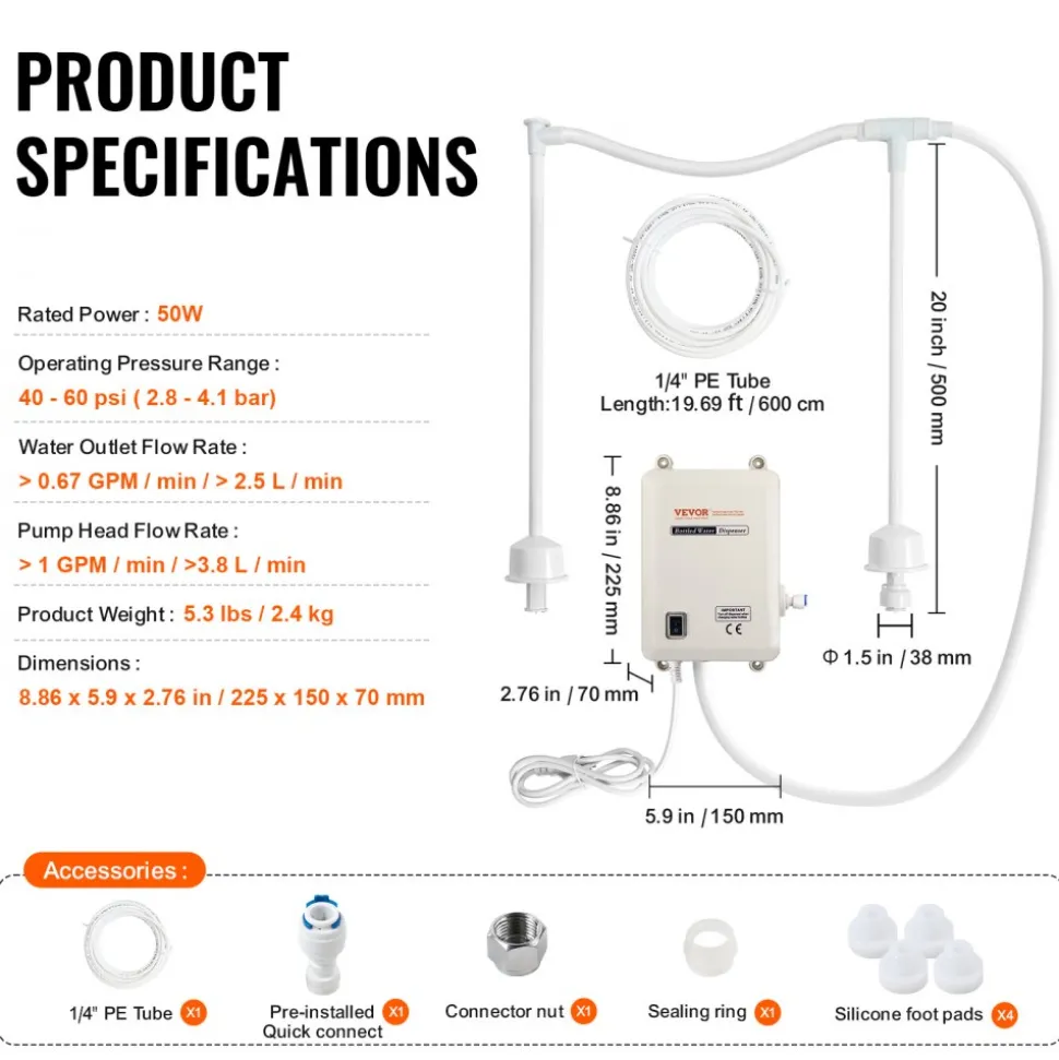 VEVOR Bottled Water Dispenser Pump System, 2x5 Gallon Dispensing System, Automatic Electric Water Dispenser, Double-Pipe Water Jug Pump, Compatible Use with Coffee/Tea Machine, Refrigerator, Ice Maker