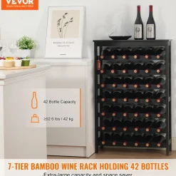 VEVOR 42 Bottle Modular Wine Rack, 7-Tier Solid Bamboo Wood Storage Racks with Table Top, Floor Freestanding Wines Holder Display Shelf, Wobble-Free Shelves for Kitchen, Bar, and Cellar (Black)