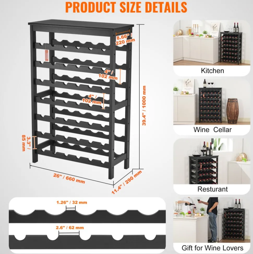 VEVOR 42 Bottle Modular Wine Rack, 7-Tier Solid Bamboo Wood Storage Racks with Table Top, Floor Freestanding Wines Holder Display Shelf, Wobble-Free Shelves for Kitchen, Bar, and Cellar (Black)