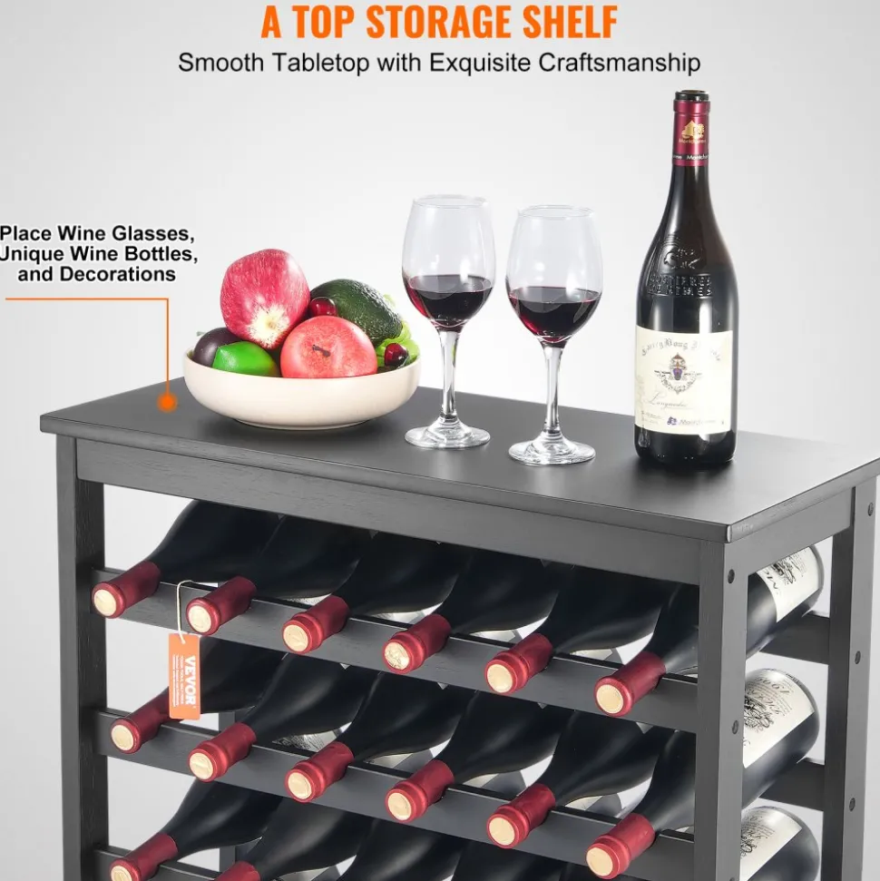 VEVOR 42 Bottle Modular Wine Rack, 7-Tier Solid Bamboo Wood Storage Racks with Table Top, Floor Freestanding Wines Holder Display Shelf, Wobble-Free Shelves for Kitchen, Bar, and Cellar (Black)
