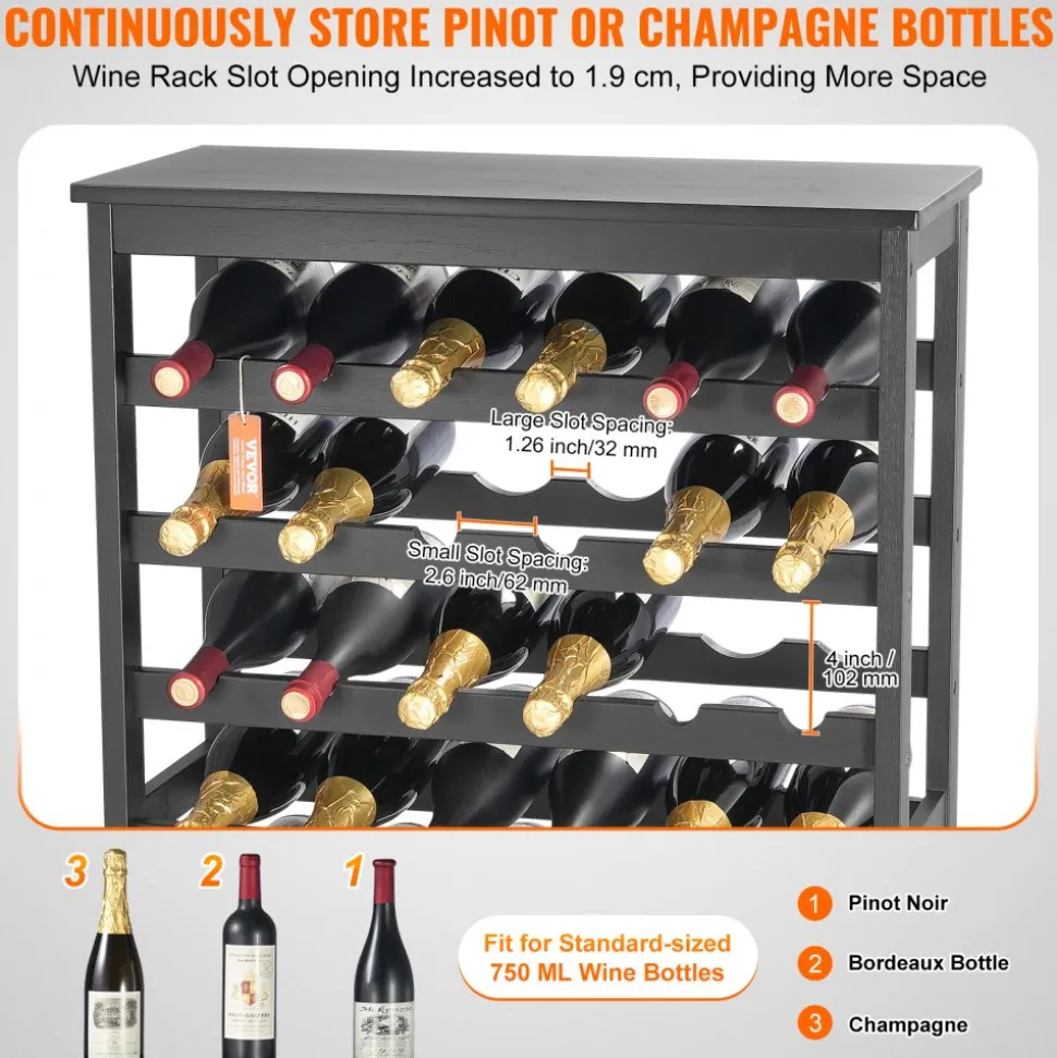 VEVOR 42 Bottle Modular Wine Rack, 7-Tier Solid Bamboo Wood Storage Racks with Table Top, Floor Freestanding Wines Holder Display Shelf, Wobble-Free Shelves for Kitchen, Bar, and Cellar (Black)