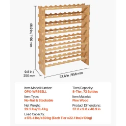 VEVOR 72 Bottle Stackable Modular Wine Rack, 8-Tier, Floor Freestanding Wine Storage Rack, Sturdy Wines Holder Display Shelf, Wobble-Free Shelves, Easy Assembly, for Kitchen, Cellar, and Bar, Natural