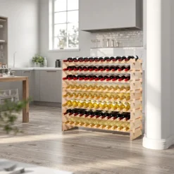 VEVOR 96 Bottle Stackable Modular Wine Rack, 8-Tier Wine Bottle Holder,Solid Wood Floor Freestanding Wine Storage Rack For Pinot Noir bottles,For Kitchen, Cellar, and Bar, Natural