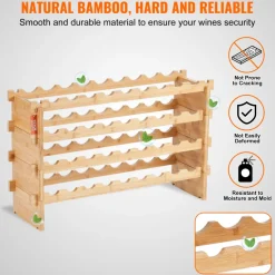 VEVOR 36 Bottle Stackable Modular Wine Rack, 4-Tier Solid Bamboo Wood Storage Racks, Floor Freestanding Wines Holder Display Shelf, Wobble-Free Shelves for Kitchen, Bar, and Cellar (Natural Color)