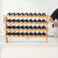 VEVOR 36 Bottle Stackable Modular Wine Rack, 4-Tier Solid Bamboo Wood Storage Racks, Floor Freestanding Wines Holder Display Shelf, Wobble-Free Shelves for Kitchen, Bar, and Cellar (Natural Color)