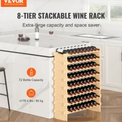 VEVOR 48 Bottle Stackable Modular Wine Rack, 6-Tier Solid Bamboo Wood Storage Racks, Floor Freestanding Wines Holder Display Shelf, Wobble-Free Shelves for Kitchen, Bar, and Cellar (Natural Color)