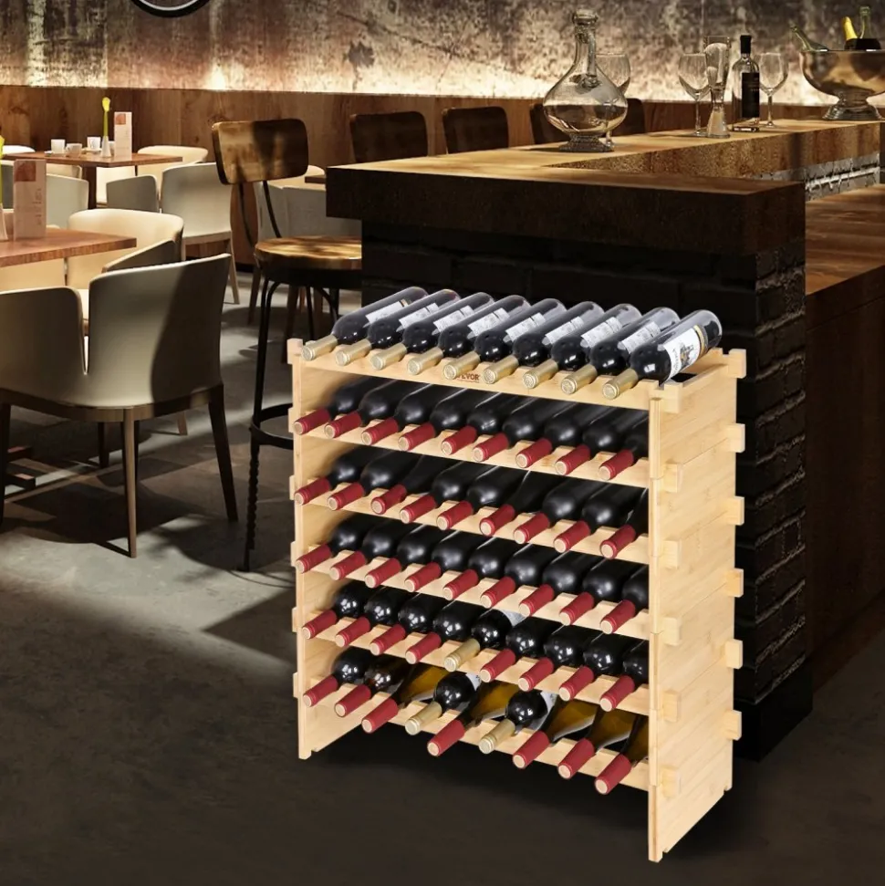 VEVOR 48 Bottle Stackable Modular Wine Rack, 6-Tier Solid Bamboo Wood Storage Racks, Floor Freestanding Wines Holder Display Shelf, Wobble-Free Shelves for Kitchen, Bar, and Cellar (Natural Color)
