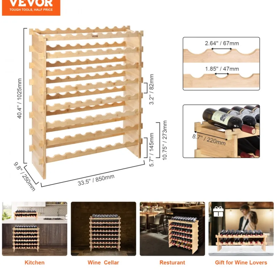 VEVOR 48 Bottle Stackable Modular Wine Rack, 6-Tier Solid Bamboo Wood Storage Racks, Floor Freestanding Wines Holder Display Shelf, Wobble-Free Shelves for Kitchen, Bar, and Cellar (Natural Color)