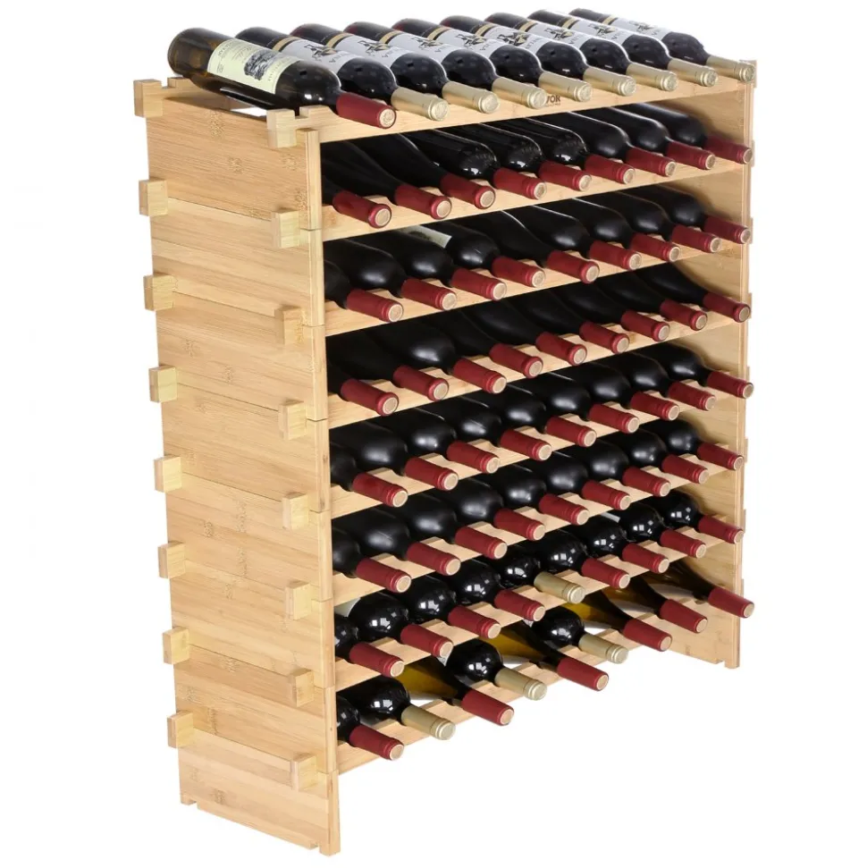 VEVOR 48 Bottle Stackable Modular Wine Rack, 6-Tier Solid Bamboo Wood Storage Racks, Floor Freestanding Wines Holder Display Shelf, Wobble-Free Shelves for Kitchen, Bar, and Cellar (Natural Color)