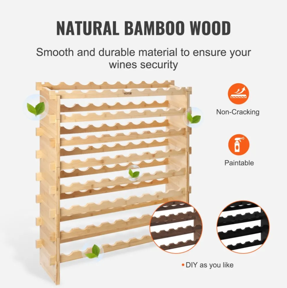 VEVOR 48 Bottle Stackable Modular Wine Rack, 6-Tier Solid Bamboo Wood Storage Racks, Floor Freestanding Wines Holder Display Shelf, Wobble-Free Shelves for Kitchen, Bar, and Cellar (Natural Color)