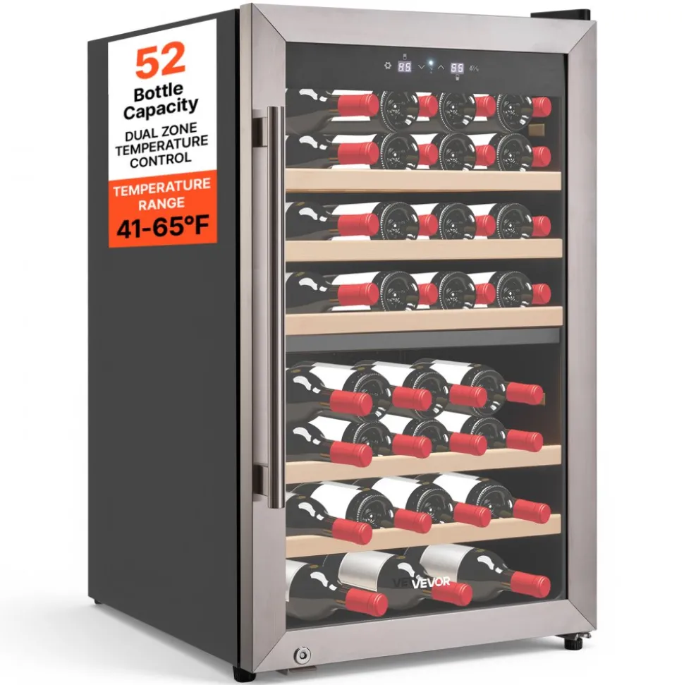 VEVOR 52 Bottle Wine Fridge, Freestanding Wine Cooler Refrigerator, Dual Zone Cooler, 41℉ to 65℉ Adjustable Temp Mini Cellar, Glass Door, For Home Office Bar, Red White Champagne or Sparkling Wines