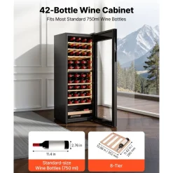 VEVOR 42 Bottle Wine Fridge, Freestanding Wine Cooler Refrigerator, Dual Zone Cooler, 41℉ to 65℉ Adjustable Temp Mini Cellar, Glass Door, For Home Office Bar, Red White Champagne or Sparkling Wines