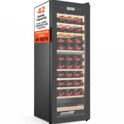VEVOR 42 Bottle Wine Fridge, Freestanding Wine Cooler Refrigerator, Dual Zone Cooler, 41℉ to 65℉ Adjustable Temp Mini Cellar, Glass Door, For Home Office Bar, Red White Champagne or Sparkling Wines