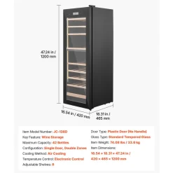 VEVOR 42 Bottle Wine Fridge, Freestanding Wine Cooler Refrigerator, Dual Zone Cooler, 41℉ to 65℉ Adjustable Temp Mini Cellar, Glass Door, For Home Office Bar, Red White Champagne or Sparkling Wines