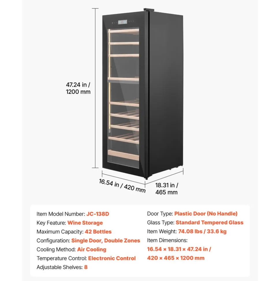VEVOR 42 Bottle Wine Fridge, Freestanding Wine Cooler Refrigerator, Dual Zone Cooler, 41℉ to 65℉ Adjustable Temp Mini Cellar, Glass Door, For Home Office Bar, Red White Champagne or Sparkling Wines
